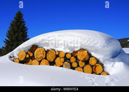 In den Protokollen unter einer dicken Schneedecke Stockfoto