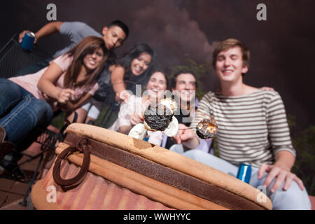 Gruppe von sechs glückliche Freunde Braten marshmallows Stockfoto