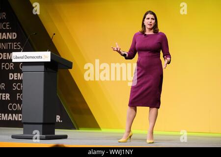 Bournmouth, UK. 15 Sep, 2019. Bournemouth, UK: Jo Swinson, der Führer der Liberalen Demokraten antworten Delegierten Fragen an 2019 der liberale Demokrat Herbst Konferenz an der Bournemouth International Centre am Sonntag, 19.09.15, 2019. Bild von der Credit: Julie Edwards/Alamy leben Nachrichten Stockfoto