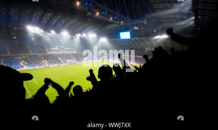 Silhouetten von Fans feiern ein Ziel auf Fußball / Fußball Spiel Stockfoto