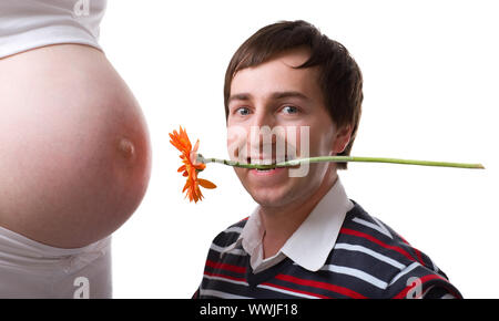 33 Wochen schwanger Bauch und glücklichen Vater - - Holding werden Gerber Blume. Auf weissem Hintergrund Stockfoto