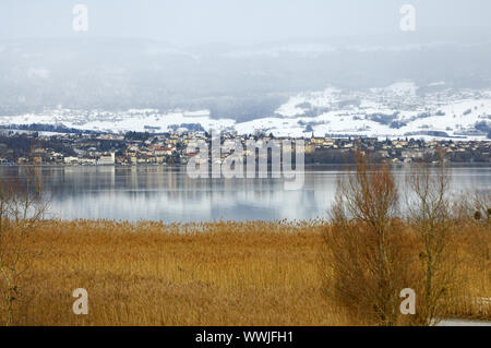 Blick über die winterliche Neuenburgersee der Gemeinde Enkel Stockfoto