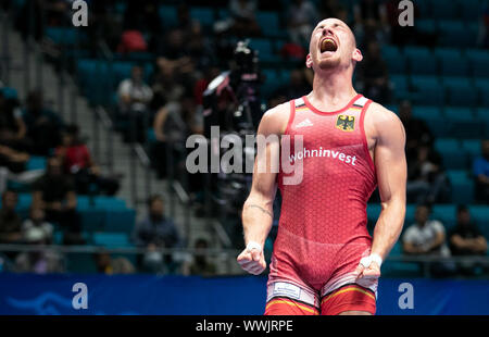 Nur Sultan, Kasachstan. 16 Sep, 2019. Wrestling/Griechisch: Wm, 67 kg/griechisch-römischen, Männer. Frank Stäbler aus Deutschland cheers. Credit: Kadir Caliskan/dpa/Alamy leben Nachrichten Stockfoto