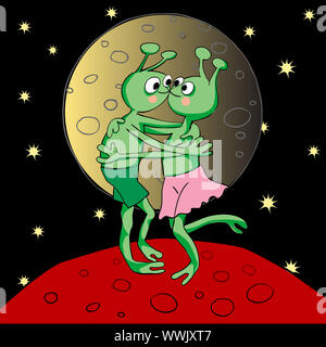 Valentinstag Karte mit romantischen Aliens in der Liebe auf dem Planeten Mars unter Golden Moon Stockfoto