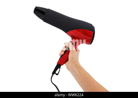 Haartrockner in der Hand auf weißem Hintergrund Stockfoto