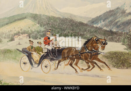 Kaiser Franz Joseph I. von Österreich und Erzherzog Franz Ferdinand im Jagdkostüm in einer Kutsche, 1900 s-1910 s. Private Sammlung. Stockfoto