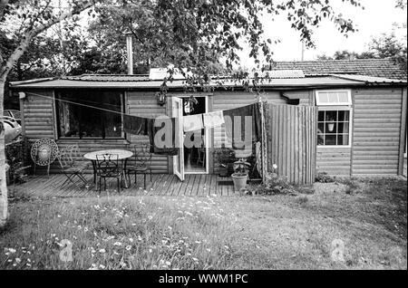 Blockhausstil Mobilheim, Hattingley, Medstead, Alton, Hampshire, England, Vereinigtes Königreich. Stockfoto