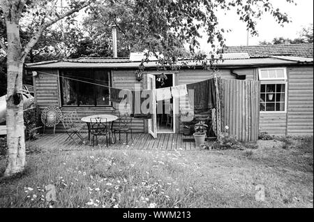 Blockhausstil Mobilheim, Hattingley, Medstead, Alton, Hampshire, England, Vereinigtes Königreich. Stockfoto