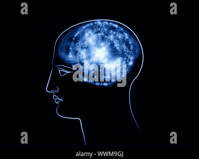 Zusammensetzung des menschlichen Kopfes skizziert, die Lichter, die Zahlen und die Entwicklung des abstrakten Elementen als Begriff Metapher für moderne Technik, digitale Revolution, sci Stockfoto