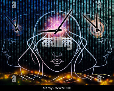 Zusammenspiel von menschlichen Kopf skizziert, die Lichter, die Zahlen und die Entwicklung des abstrakten Elemente zu den Themen der modernen Technik, digitale Revolution, wissenschaftliche. Stockfoto