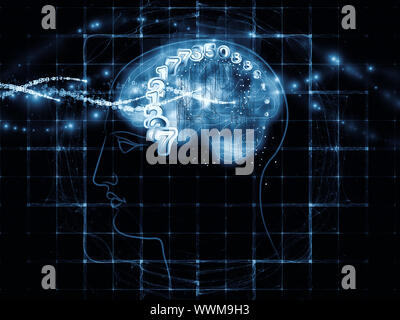 Zusammenspiel von menschlichen Kopf skizziert, die Lichter, die Zahlen und die Entwicklung des abstrakten Elemente zu den Themen der modernen Technik, digitale Revolution, wissenschaftliche. Stockfoto
