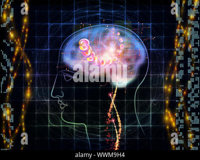 Zusammenspiel von menschlichen Kopf skizziert, die Lichter, die Zahlen und die Entwicklung des abstrakten Elemente zu den Themen der modernen Technik, digitale Revolution, wissenschaftliche. Stockfoto