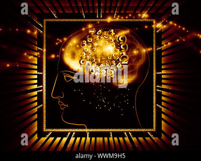 Zusammenspiel von menschlichen Kopf skizziert, die Lichter, die Zahlen und die Entwicklung des abstrakten Elemente zu den Themen der modernen Technik, digitale Revolution, wissenschaftliche. Stockfoto