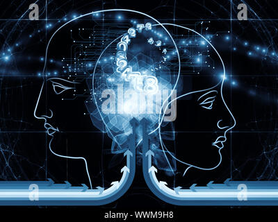 Zusammensetzung des menschlichen Kopfes skizziert, die Lichter, die Zahlen und die Entwicklung des abstrakten Elementen als Begriff Metapher für moderne Technik, digitale Revolution, sci Stockfoto