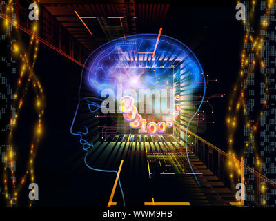 Zusammensetzung des menschlichen Kopfes skizziert, die Lichter, die Zahlen und die Entwicklung des abstrakten Elementen als Begriff Metapher für moderne Technik, digitale Revolution, sci Stockfoto