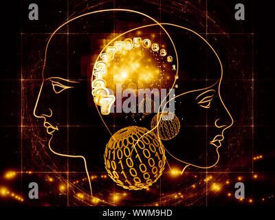 Zusammenspiel von menschlichen Kopf skizziert, die Lichter, die Zahlen und die Entwicklung des abstrakten Elemente zu den Themen der modernen Technik, digitale Revolution, wissenschaftliche. Stockfoto