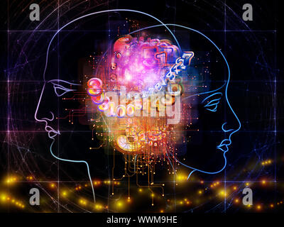 Zusammensetzung des menschlichen Kopfes skizziert, die Lichter, die Zahlen und die Entwicklung des abstrakten Elementen als Begriff Metapher für moderne Technik, digitale Revolution, sci Stockfoto