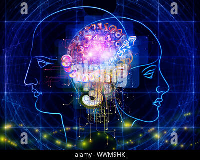 Zusammensetzung des menschlichen Kopfes skizziert, die Lichter, die Zahlen und die Entwicklung des abstrakten Elementen als Begriff Metapher für moderne Technik, digitale Revolution, sci Stockfoto