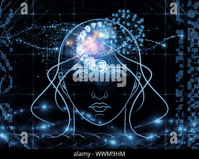 Zusammenspiel von menschlichen Kopf skizziert, die Lichter, die Zahlen und die Entwicklung des abstrakten Elemente zu den Themen der modernen Technik, digitale Revolution, wissenschaftliche. Stockfoto