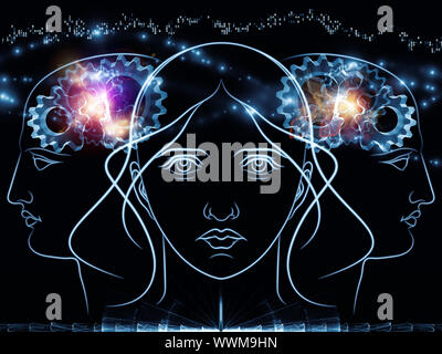 Zusammenspiel von menschlichen Kopf skizziert, die Lichter, die Zahlen und die Entwicklung des abstrakten Elemente zu den Themen der modernen Technik, digitale Revolution, wissenschaftliche. Stockfoto