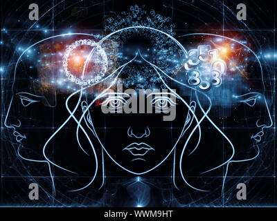 Zusammenspiel von menschlichen Kopf skizziert, die Lichter, die Zahlen und die Entwicklung des abstrakten Elemente zu den Themen der modernen Technik, digitale Revolution, wissenschaftliche. Stockfoto