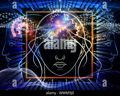 Zusammenspiel von menschlichen Kopf skizziert, die Lichter, die Zahlen und die Entwicklung des abstrakten Elemente zu den Themen der modernen Technik, digitale Revolution, wissenschaftliche. Stockfoto