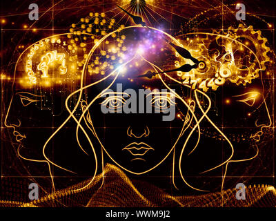 Zusammenspiel von menschlichen Kopf skizziert, die Lichter, die Zahlen und die Entwicklung des abstrakten Elemente zu den Themen der modernen Technik, digitale Revolution, wissenschaftliche. Stockfoto