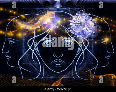 Zusammensetzung des menschlichen Kopfes skizziert, die Lichter, die Zahlen und die Entwicklung des abstrakten Elementen als Begriff Metapher für moderne Technik, digitale Revolution, sci Stockfoto