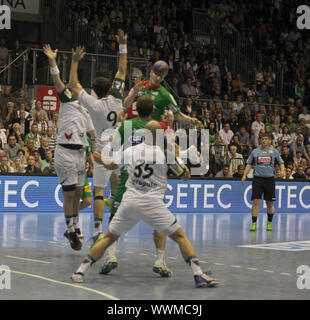 DKB Handball-Bundesliga 2013/14, Spielszene im 5. Spieltag SC Magdeburg-Füchse Berlin am 15.9.13 Stockfoto