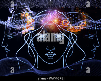 Zusammensetzung des menschlichen Kopfes skizziert, die Lichter, die Zahlen und die Entwicklung des abstrakten Elementen als Begriff Metapher für moderne Technik, digitale Revolution, sci Stockfoto