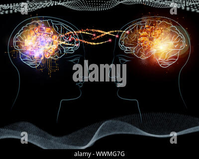Zusammenspiel von menschlichen Kopf skizziert, die Lichter, die Zahlen und die Entwicklung des abstrakten Elemente zu den Themen der modernen Technik, digitale Revolution, wissenschaftliche. Stockfoto