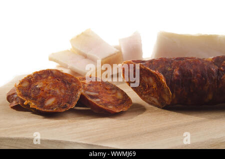 Speck und Salami in kleine Scheiben schneiden, auf einem Holz-Brett Stockfoto