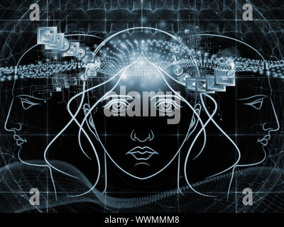 Zusammenspiel von menschlichen Kopf skizziert, die Lichter, die Zahlen und die Entwicklung des abstrakten Elemente zu den Themen der modernen Technik, digitale Revolution, wissenschaftliche. Stockfoto