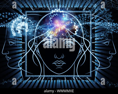 Zusammensetzung des menschlichen Kopfes skizziert, die Lichter, die Zahlen und die Entwicklung des abstrakten Elementen als Begriff Metapher für moderne Technik, digitale Revolution, sci Stockfoto