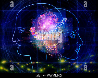 Zusammensetzung des menschlichen Kopfes skizziert, die Lichter, die Zahlen und die Entwicklung des abstrakten Elementen als Begriff Metapher für moderne Technik, digitale Revolution, sci Stockfoto