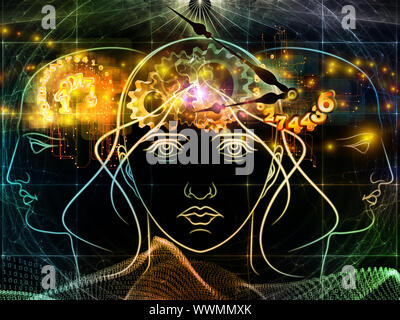 Zusammenspiel von menschlichen Kopf skizziert, die Lichter, die Zahlen und die Entwicklung des abstrakten Elemente zu den Themen der modernen Technik, digitale Revolution, wissenschaftliche. Stockfoto
