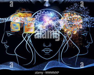Zusammenspiel von menschlichen Kopf skizziert, die Lichter, die Zahlen und die Entwicklung des abstrakten Elemente zu den Themen der modernen Technik, digitale Revolution, wissenschaftliche. Stockfoto