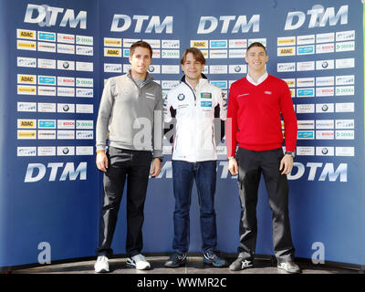 DTM-Fahrer Daniel Juncadella (Mercedes), Augusto Farfus (BMW) und Edoardo Mortara (Audi) Stockfoto