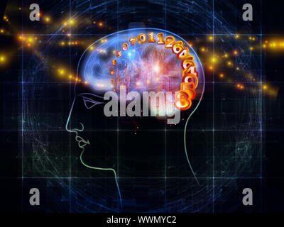 Zusammenspiel von menschlichen Kopf skizziert, die Lichter, die Zahlen und die Entwicklung des abstrakten Elemente zu den Themen der modernen Technik, digitale Revolution, wissenschaftliche. Stockfoto