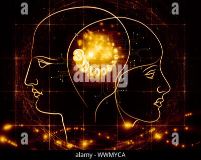 Zusammensetzung des menschlichen Kopfes skizziert, die Lichter, die Zahlen und die Entwicklung des abstrakten Elementen als Begriff Metapher für moderne Technik, digitale Revolution, sci Stockfoto