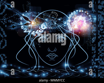 Zusammenspiel von menschlichen Kopf skizziert, die Lichter, die Zahlen und die Entwicklung des abstrakten Elemente zu den Themen der modernen Technik, digitale Revolution, wissenschaftliche. Stockfoto