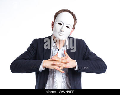 Portrait von emotionalen Schauspieler in einer Maske. auf weißem Hintergrund Stockfoto