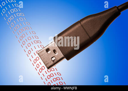 USB-Kabel mit blauem Hintergrund und einen Bitstream hinter Stockfoto