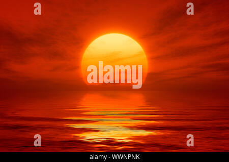 Ein Bild von einem schönen roten Sonnenuntergang mit einem großen gelben Su Stockfoto
