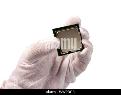 Elektronische Sammlung-CPU in der Hand auf weißem Hintergrund Stockfoto