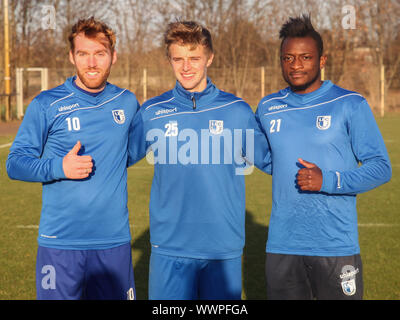 Neuzugänge 1.FC Magdeburg DFB 3. Liga Saison 2015/16 Nico Hammann, Sebastian Ernst und David Kinsombi Stockfoto