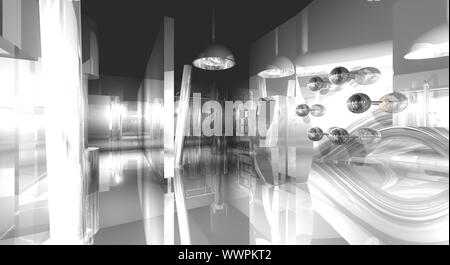 3D-Rendering, Arbeitsplatz. Modernes Büro, Innentreppen, saubere Unterkunft in Geschäftshaus Stockfoto