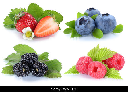 Sammlung Beeren Erdbeeren Heidelbeeren Himbeeren Obst gratis Stockfoto