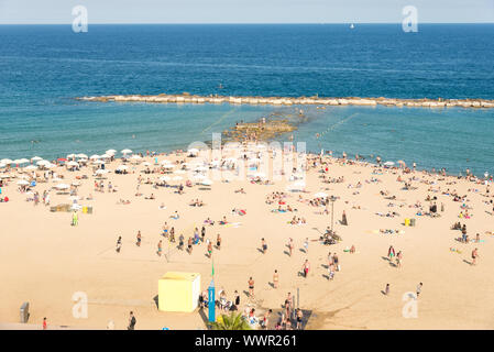 Ansicht von oben auf den Strand im Barceloneta Viertel von Barcelona Stockfoto