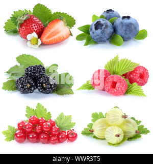 Sammlung Beeren Erdbeeren Heidelbeeren Himbeeren Johannisbeeren Früchte frei Stockfoto